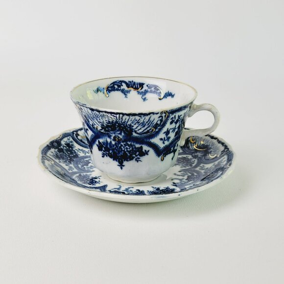 Antique J&G Meakin York Flow Blue Teacup and Saucer Gilded Gold c.1890-1910 - Picture 2 of 14
